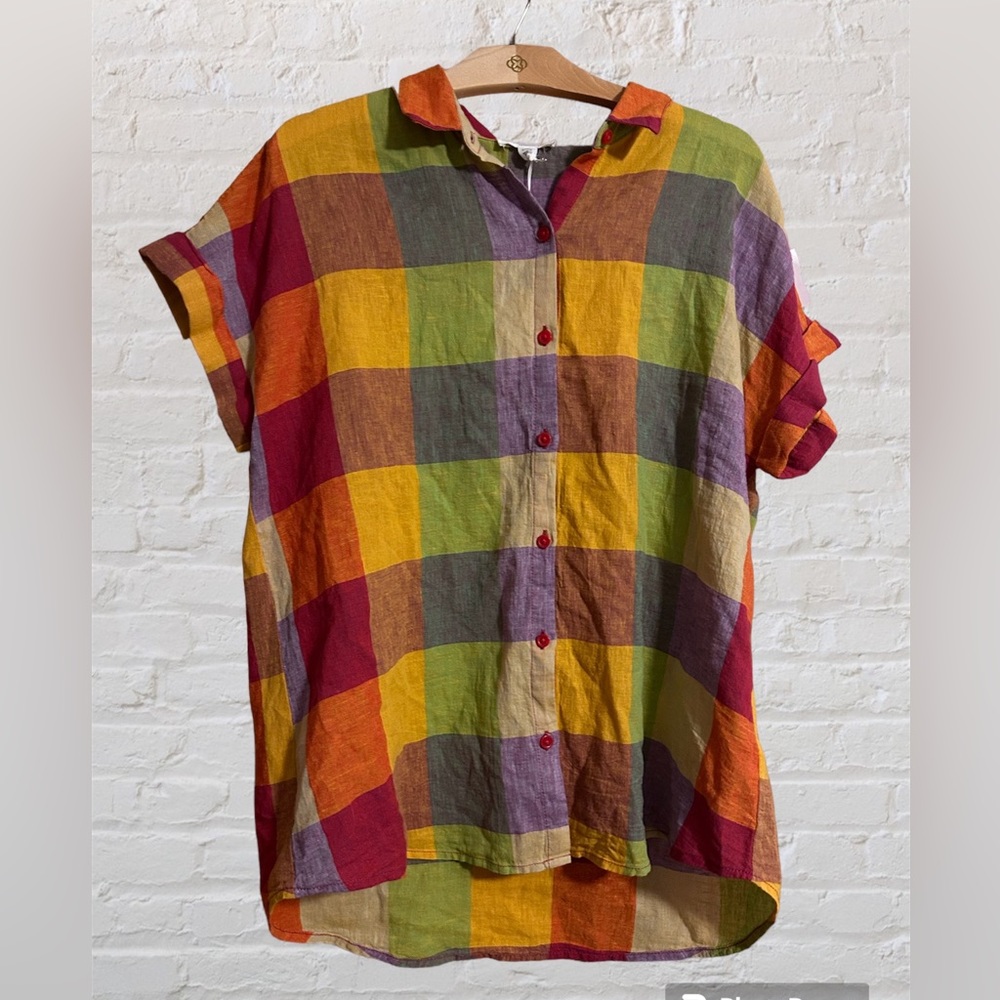 Beach Lunch Lounge short sleeve linen fiesta color button down